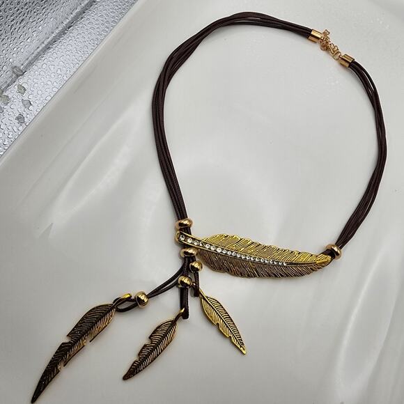 Gold Feather Boho Rhinestone Necklace - Picture 4 of 5